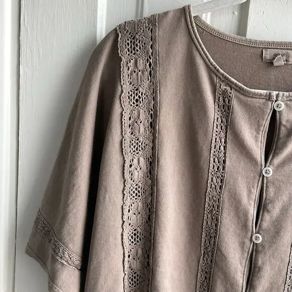 Aerie Airy Crochet Lace Trim Button Front Cardigan Top – Taupe | M - Picture 5 of 9